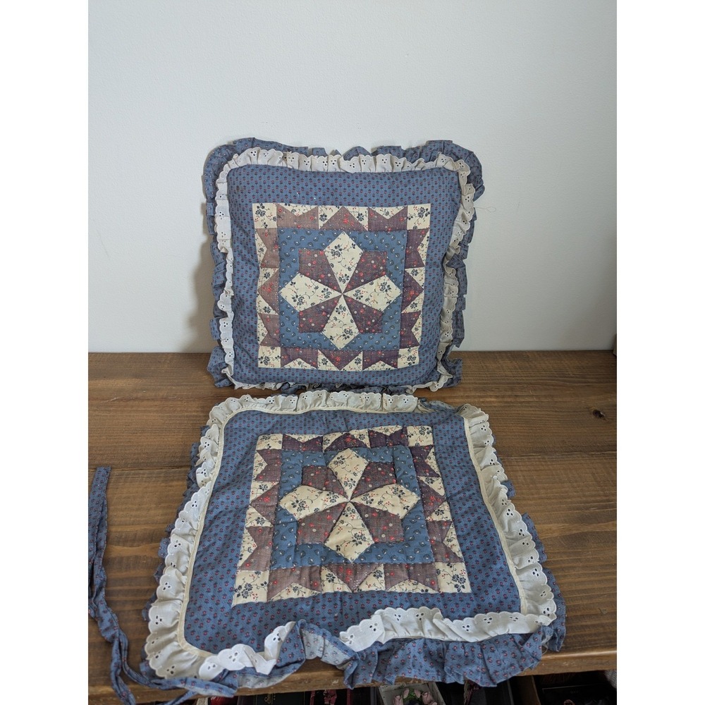 Vintage Handmade Quilted Pillow and Chair Pad Set Blue Floral Star‎ Patchwork